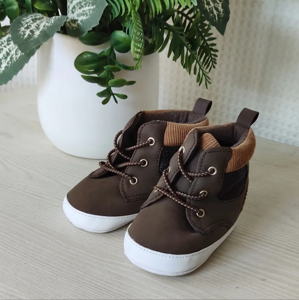First Steps Infant High-Top Lace Up Brown Sneakers  Size 6-9 Months